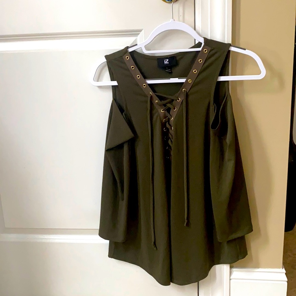 IZ Byer olive green long sleeve blouse with cut outs for shoulder.